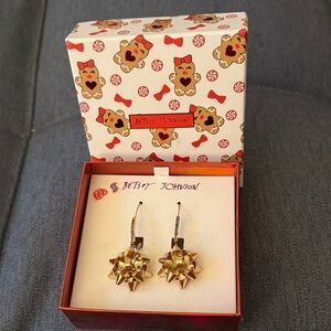 Betsey Johnson NIB Gold Bow Dangling Earrings with Rhinestones & Hook Closure.